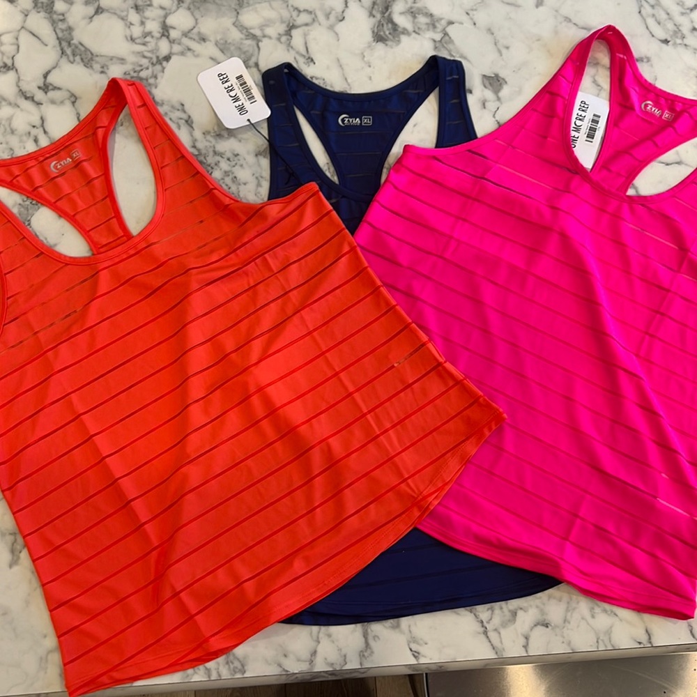 Lot of 3 ZYIA Racerback Havana Tanks Size XL CORAL-NAVY-HOT PINK